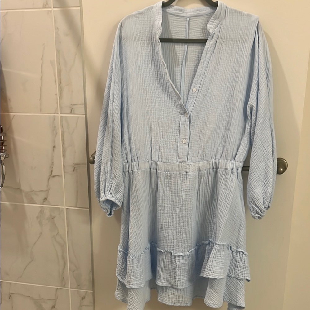 Amazon Blue Tiered Ruffled Dress with Mandarin Collar